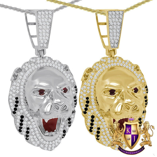Real Genuine Sterling Silver Multi Tone 14K Gold Finish 1.35 Cwt. Simulated Diamond Lion King Head Unisex Pendant Charm Chain Neckless Set