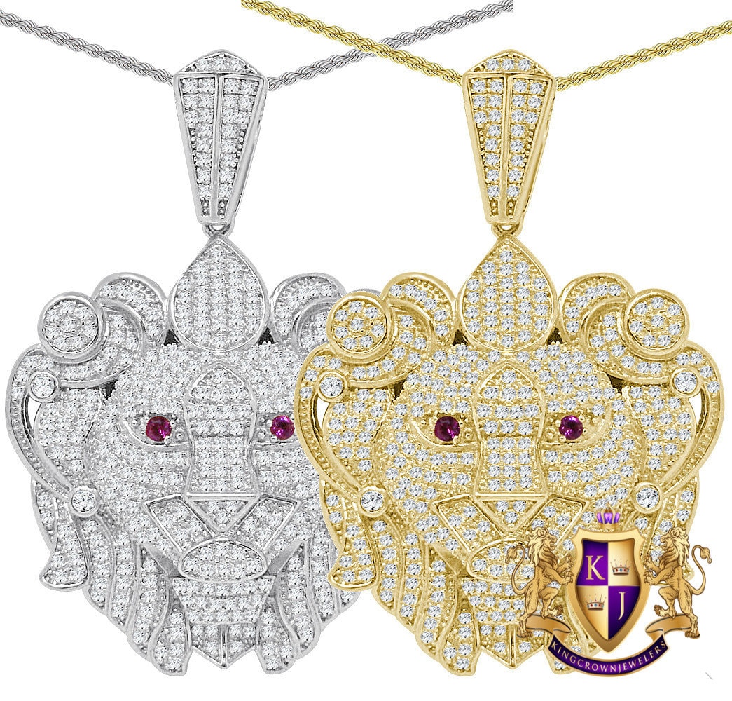 27+ Grams Real Genuine Sterling Silver  14K Gold Finish 2.50 Cwt. Simulated Diamond Lion King Head Unisex Pendant Charm Chain Neckless Set