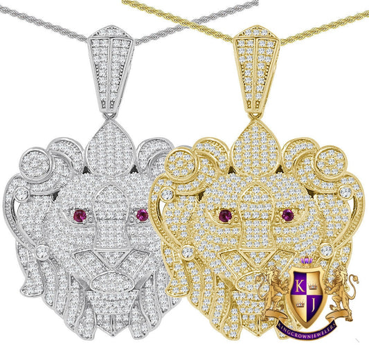 27+ Grams Real Genuine Sterling Silver  14K Gold Finish 2.50 Cwt. Simulated Diamond Lion King Head Unisex Pendant Charm Chain Neckless Set