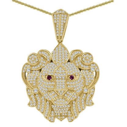 27+ Grams Real Genuine Sterling Silver  14K Gold Finish 2.50 Cwt. Simulated Diamond Lion King Head Unisex Pendant Charm Chain Neckless Set