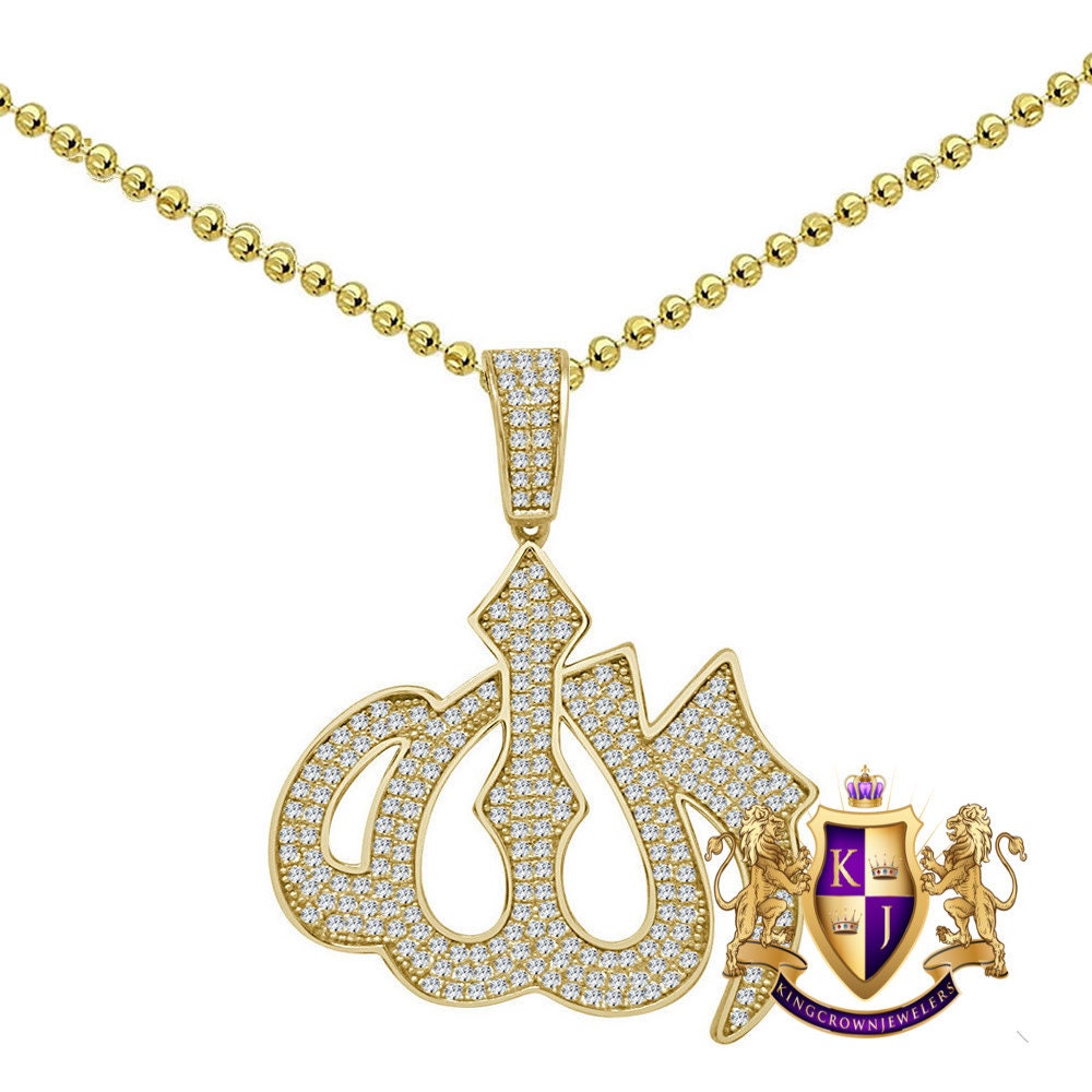 Genuine Authentic Sterling Silver 14K Gold Finish Simulated Diamond Allah God Muslim Islamic Arabic Pendant Chain Neckless Set Small 1.50''