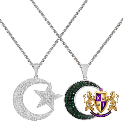 Real Genuine Sterling Silver Allah Muslim Islamic Crescent Moon and Star Charm Simulated Diamond Pendant Chain Neckless Set Small 1.35''