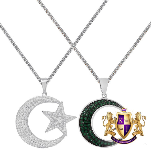 Real Genuine Sterling Silver Allah Muslim Islamic Crescent Moon and Star Charm Simulated Diamond Pendant Chain Neckless Set Small 1.35''