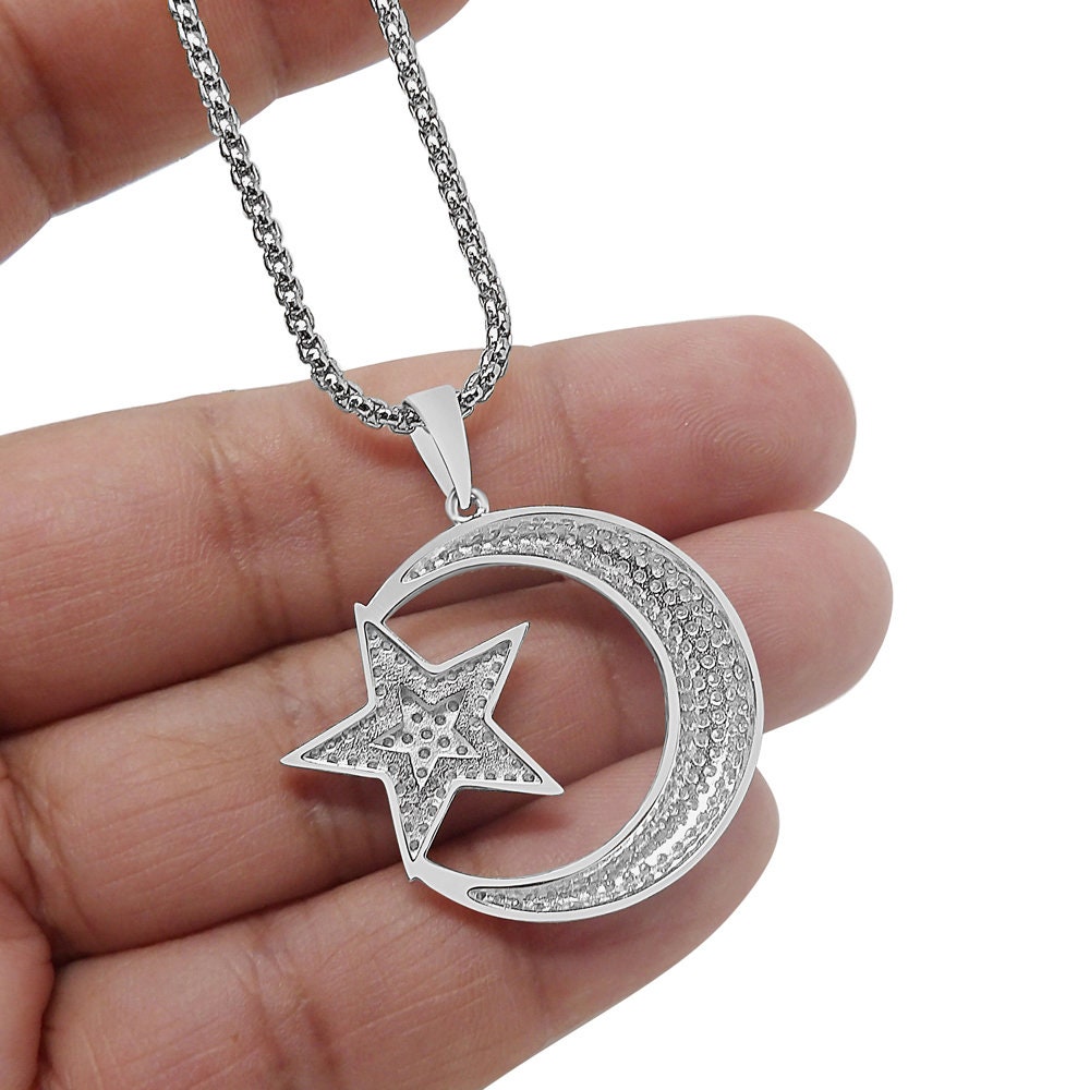 Real Genuine Sterling Silver Allah Muslim Islamic Crescent Moon and Star Charm Simulated Diamond Pendant Chain Neckless Set Small 1.35''