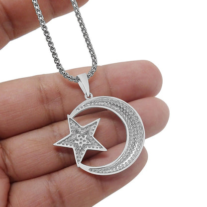 Real Genuine Sterling Silver Allah Muslim Islamic Crescent Moon and Star Charm Simulated Diamond Pendant Chain Neckless Set Small 1.35''