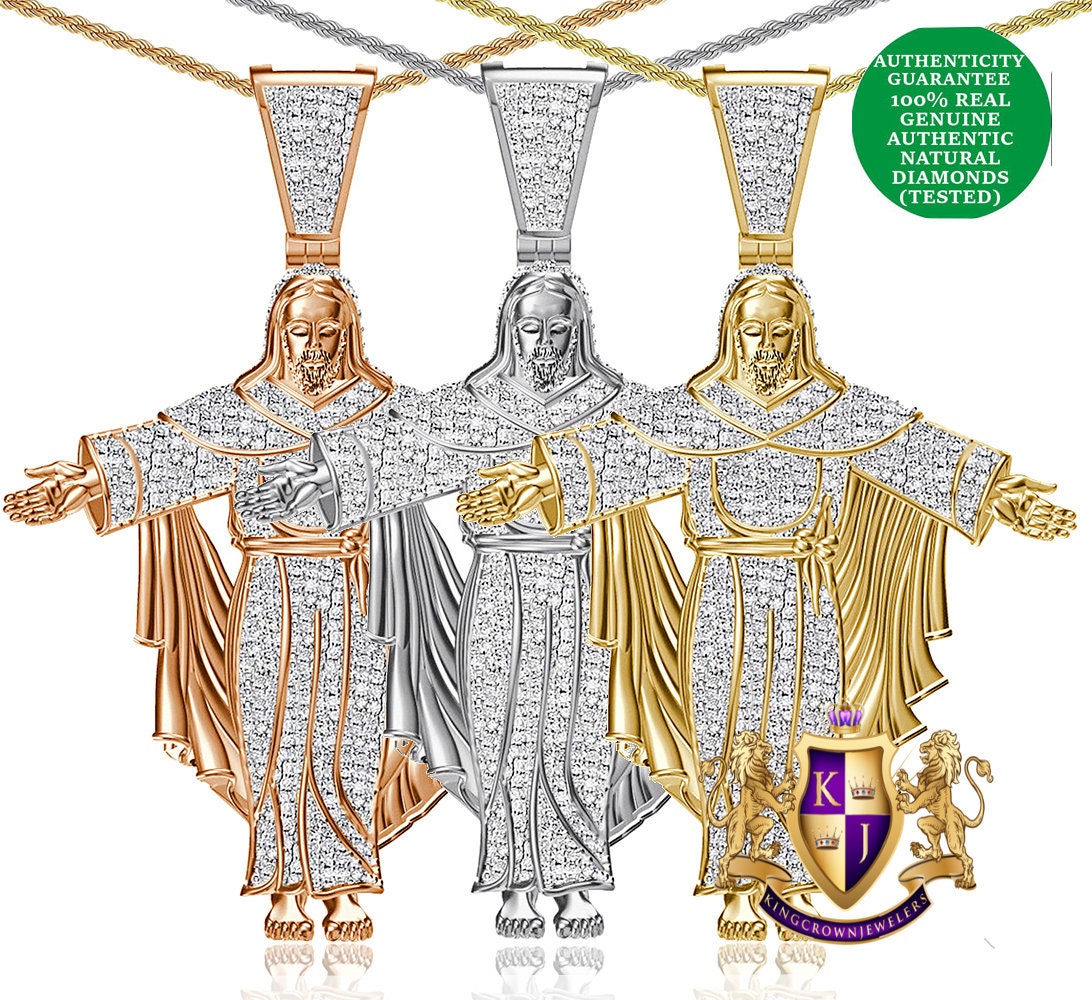 Real Genuine Authentic Diamond 0.65 Cwt. 18+ Grams Christ Redeemer Statue Jesus Full Body Pendant 10K Gold Over Cross Charm Chain Set 2.25''