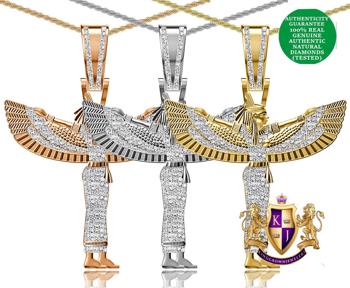Real Genuine Authentic Diamond 0.65 Ct. 22+ Grams Egyptian Horus Sky Goddess God Isis Osiris Pendant 10K Gold On Pharaoh Charm +Chain 2.25''