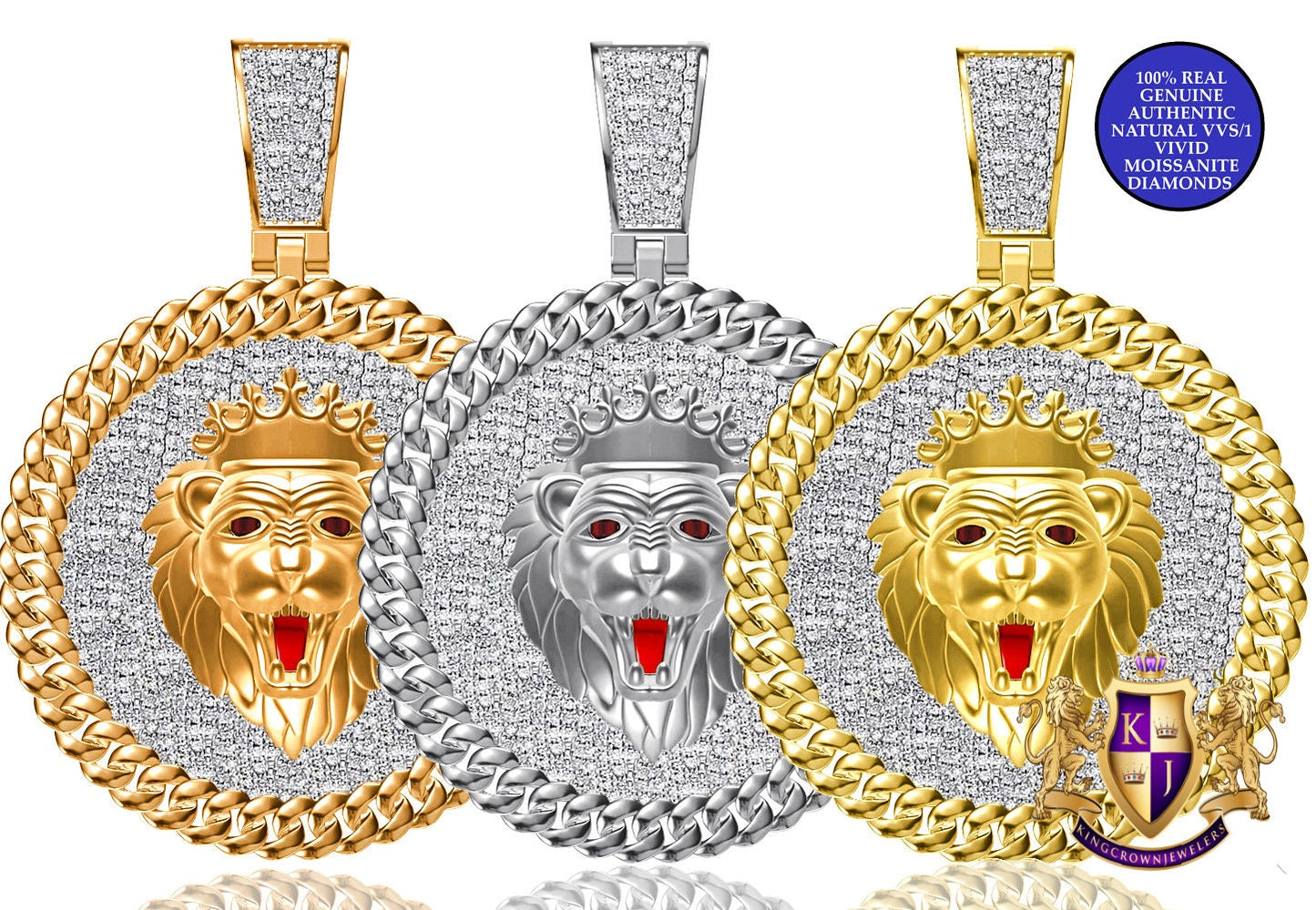 Real Genuine Authentic 2.00 Cwt. Natural MOISSANITE Diamond 25+ Grams Lion King Head Crown Face 10K Gold Over Charm Medallion Pendant 2.25''