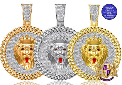 Real Genuine Authentic 2.00 Cwt. Natural MOISSANITE Diamond 25+ Grams Lion King Head Crown Face 10K Gold Over Charm Medallion Pendant 2.25''