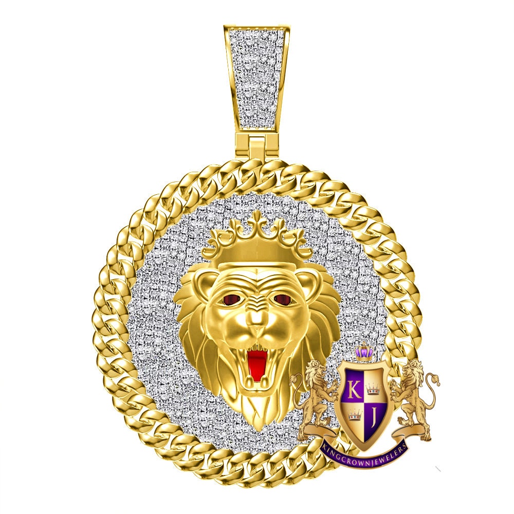 Real Genuine Authentic 2.00 Cwt. Natural MOISSANITE Diamond 25+ Grams Lion King Head Crown Face 10K Gold Over Charm Medallion Pendant 2.25''