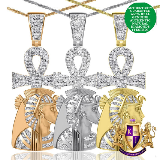 Real Genuine Natural Diamond 0.66 Cwt. 24+ Grams Egyptian Queen Nefertiti Ankh Cross Pharaoh Pendant 10K Gold Over Cleopatra Charm Chain Set