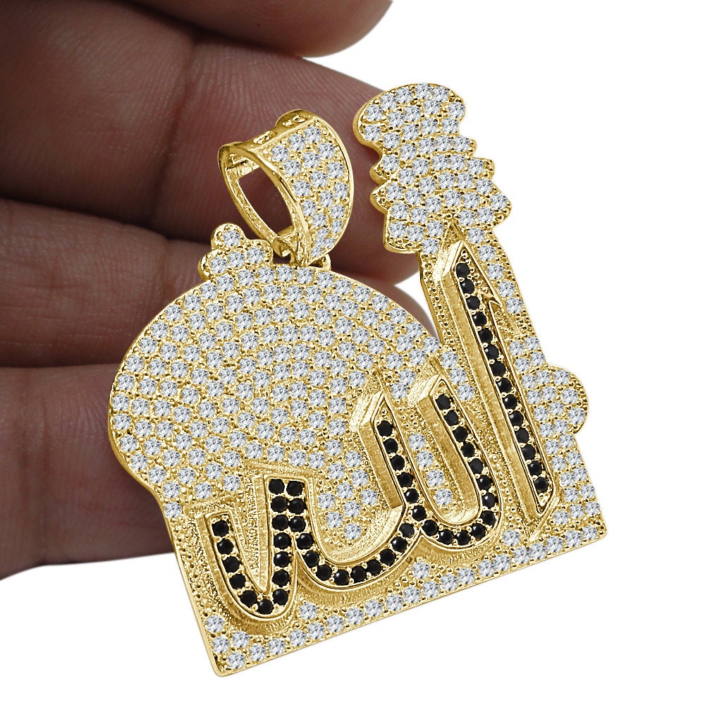 14k Gold On Genuine Italian Sterling Silver 2.00 Cwt. Simulated Diamond Muslim Mosque Allah God Arabic Islamic Unisex Pendant Charm 1.50''