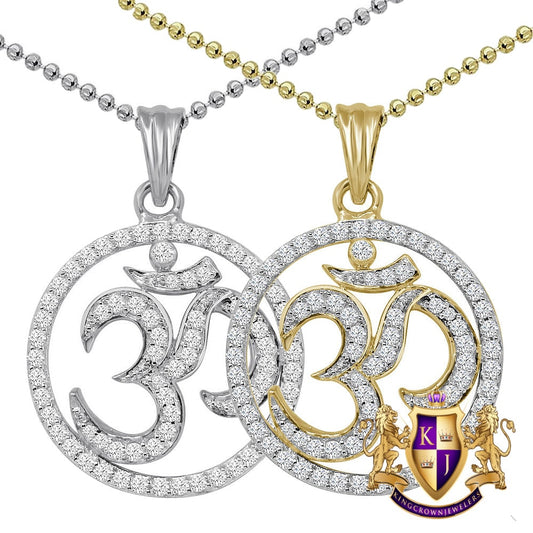 Real Genuine Sterling Silver 1.00 Ct. Simulated Diamond OM Symbol Hindu Spiritual Yoga Small Pendant 14K Gold Over Charm + Chain Mini 1.25''