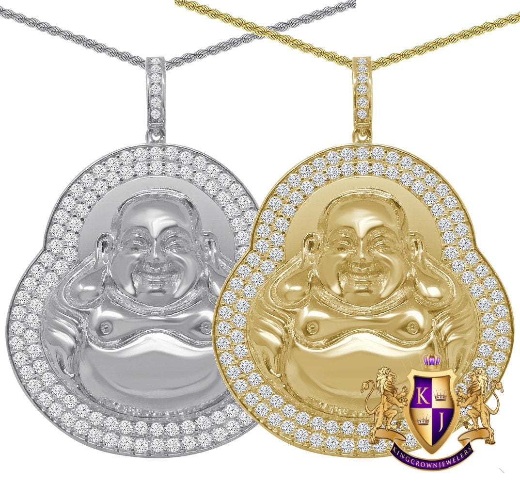 25 + Grams 14K Gold Over Real Genuine Sterling Silver 2.00 Cwt. Simulated Diamond Siddhartha Buddha Religious Pendent Charm Chain Set 2''
