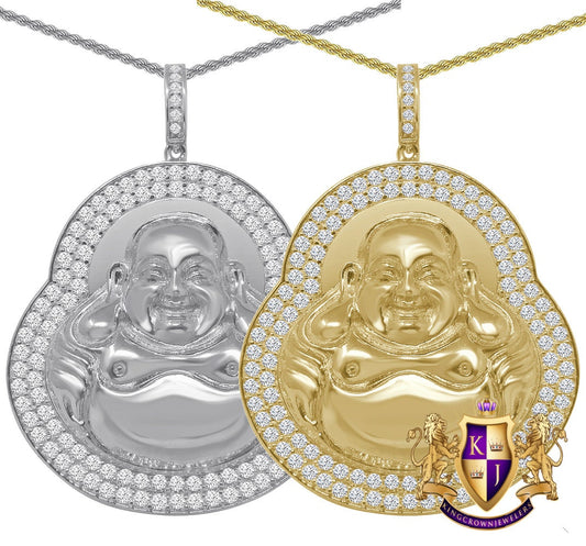25 + Grams 14K Gold Over Real Genuine Sterling Silver 2.00 Cwt. Simulated Diamond Siddhartha Buddha Religious Pendent Charm Chain Set 2''