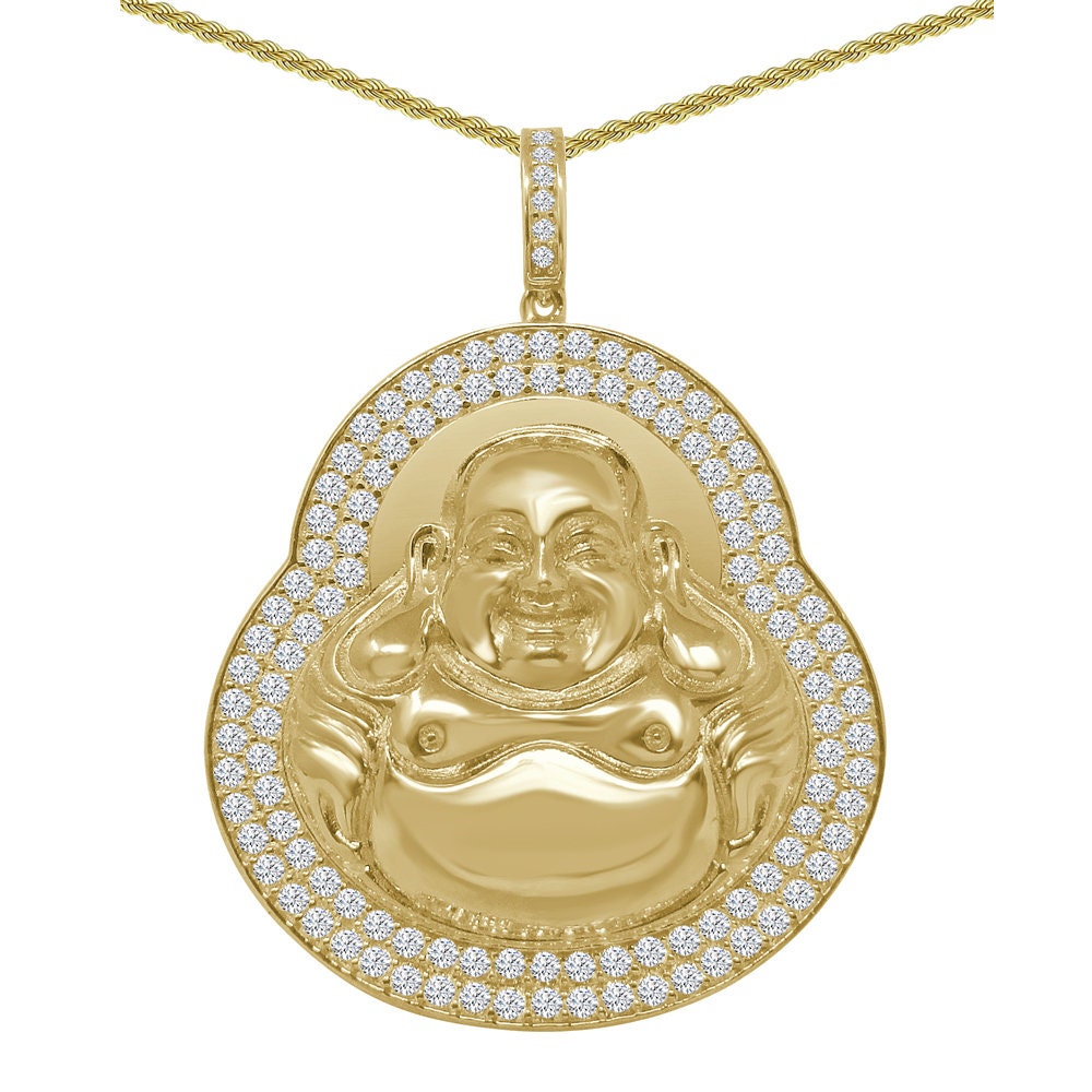 25 + Grams 14K Gold Over Real Genuine Sterling Silver 2.00 Cwt. Simulated Diamond Siddhartha Buddha Religious Pendent Charm Chain Set 2''