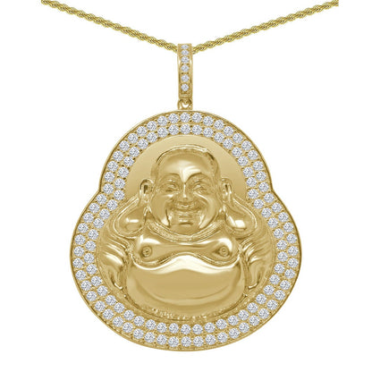 25 + Grams 14K Gold Over Real Genuine Sterling Silver 2.00 Cwt. Simulated Diamond Siddhartha Buddha Religious Pendent Charm Chain Set 2''