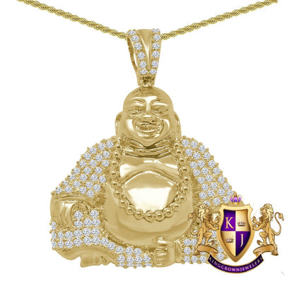 Real Genuine Sterling Silver 14K Gold On 1,00 Cwt. Simulated Diamonds Buddha Religious Unisex Pendant Charm Chain Neckless Set Small 1.50''