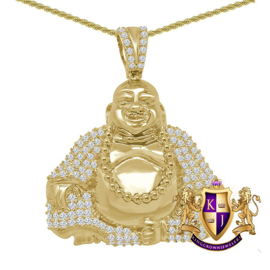 Real Genuine Sterling Silver 14K Gold On 1,00 Cwt. Simulated Diamonds Buddha Religious Unisex Pendant Charm Chain Neckless Set Small 1.50''
