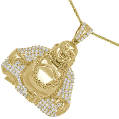 Real Genuine Sterling Silver 14K Gold On 1,00 Cwt. Simulated Diamonds Buddha Religious Unisex Pendant Charm Chain Neckless Set Small 1.50''