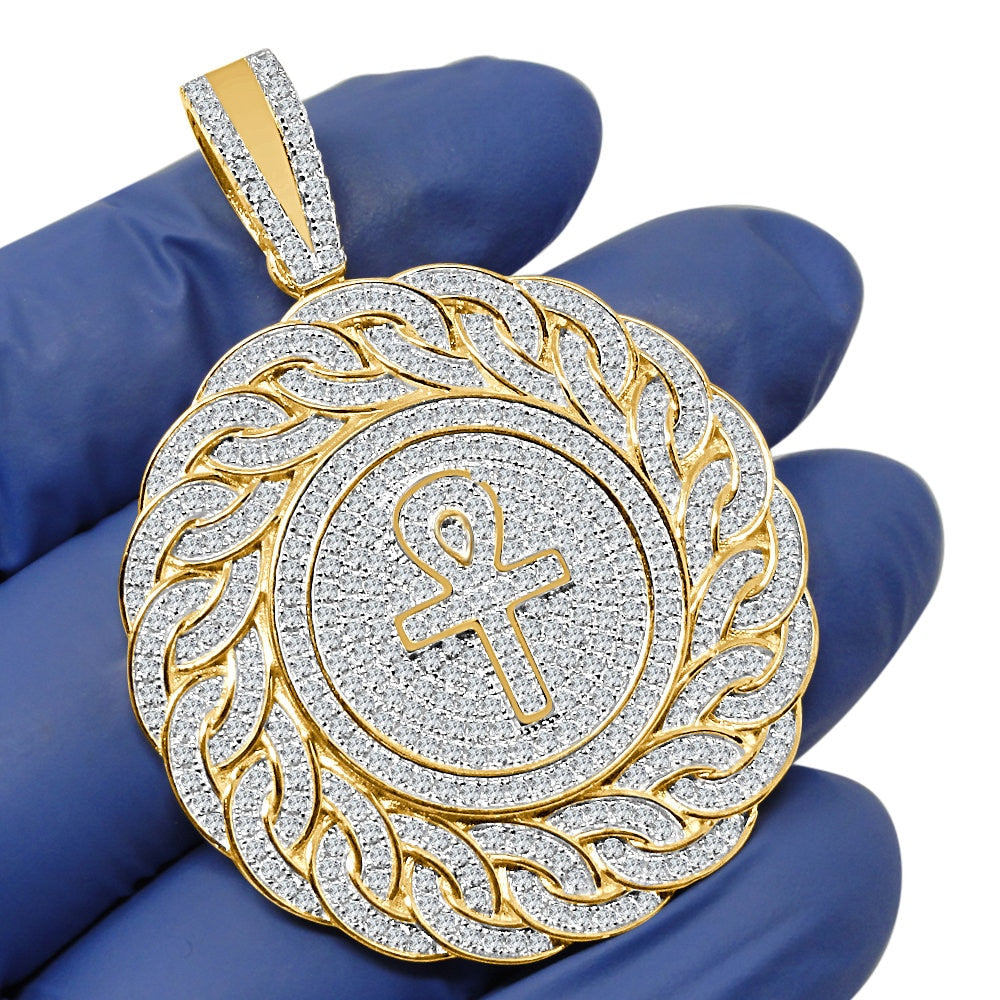 28+ Grams Big 3'' Real Genuine Gold Sterling Silver 6.00 Ct. Simulated Diamond 14K Gold On Egyptian Ankh Cross Men's Charm Pendant Medallion