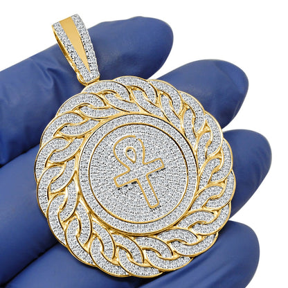 28+ Grams Big 3'' Real Genuine Gold Sterling Silver 6.00 Ct. Simulated Diamond 14K Gold On Egyptian Ankh Cross Men's Charm Pendant Medallion