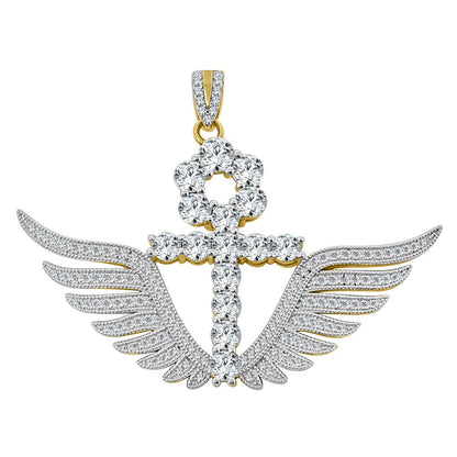 Real Sterling Silver 14K Gold Over 3.00 Ctw. Solitaire Round Cut/Simulated Diamond 14K Gold On Egyptian Ankh Cross Angel Wings Charm Pendant