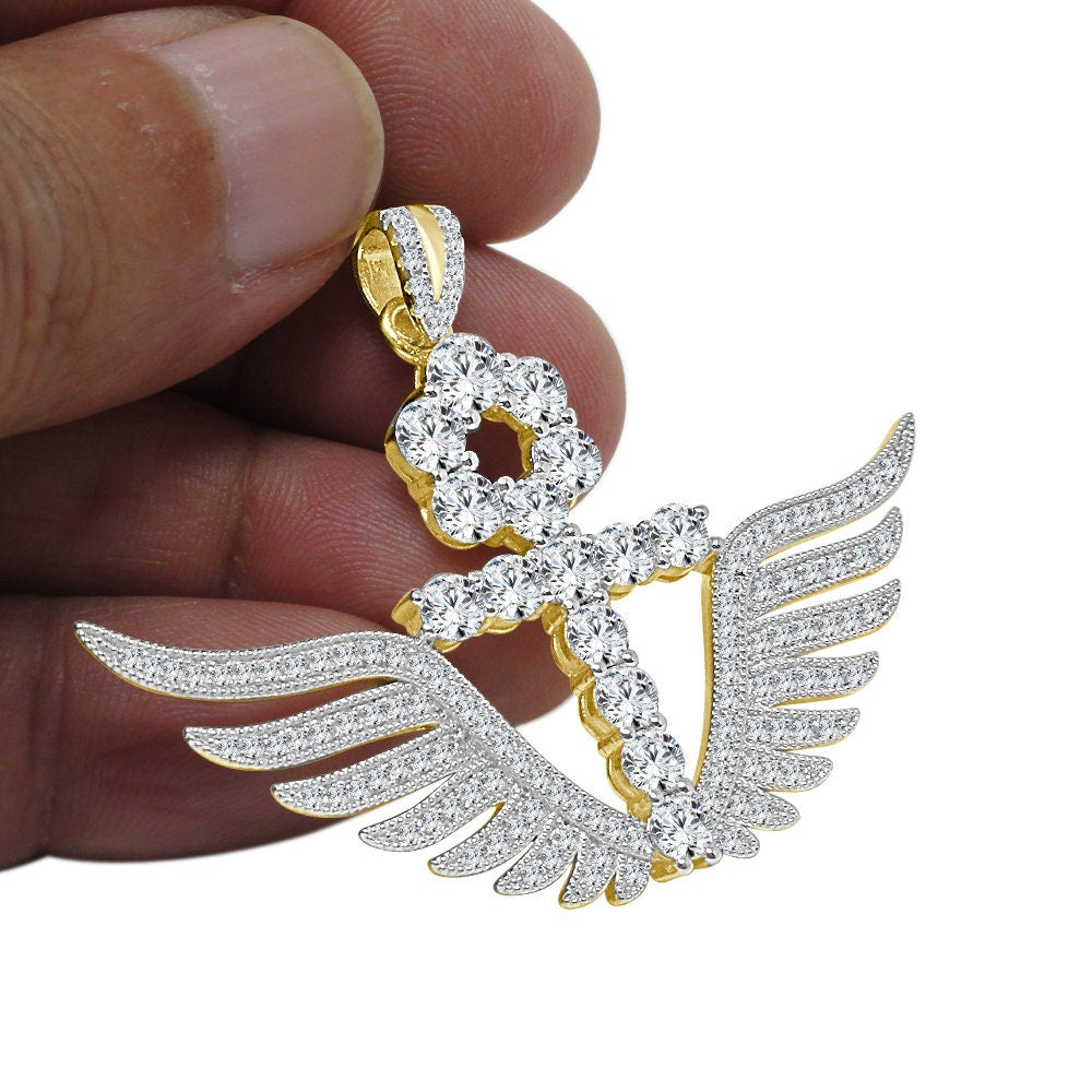 Real Sterling Silver 14K Gold Over 3.00 Ctw. Solitaire Round Cut/Simulated Diamond 14K Gold On Egyptian Ankh Cross Angel Wings Charm Pendant