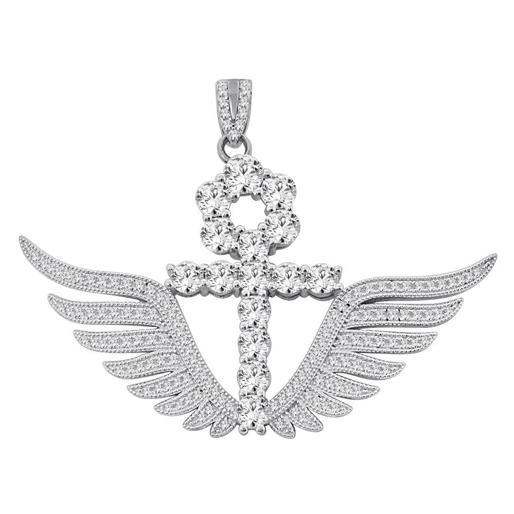 Real Sterling Silver 14K Gold Over 3.00 Ctw. Solitaire Round Cut/Simulated Diamond 14K Gold On Egyptian Ankh Cross Angel Wings Charm Pendant