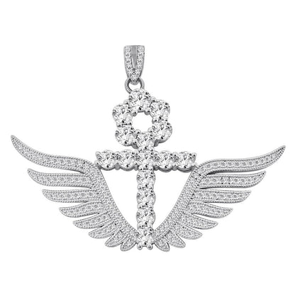 Real Sterling Silver 14K Gold Over 3.00 Ctw. Solitaire Round Cut/Simulated Diamond 14K Gold On Egyptian Ankh Cross Angel Wings Charm Pendant