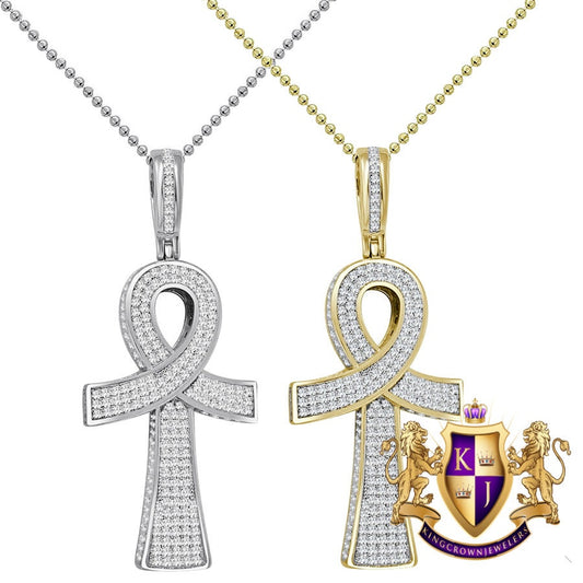 3D Look Real Genuine Sterling Silver 14k Gold Over 2.00 Cwt. Simulated Diamond Egyptian Ankh Cross Unisex Pendant Charm Chain Neckless Set