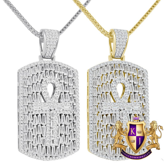 Real Genuine Sterling Silver 2.00 Ct. Baguette Round Cut Simulated Diamond 14K Gold Over Egyptian Ankh Cross Dog Tag Charm Pendant Chain Set