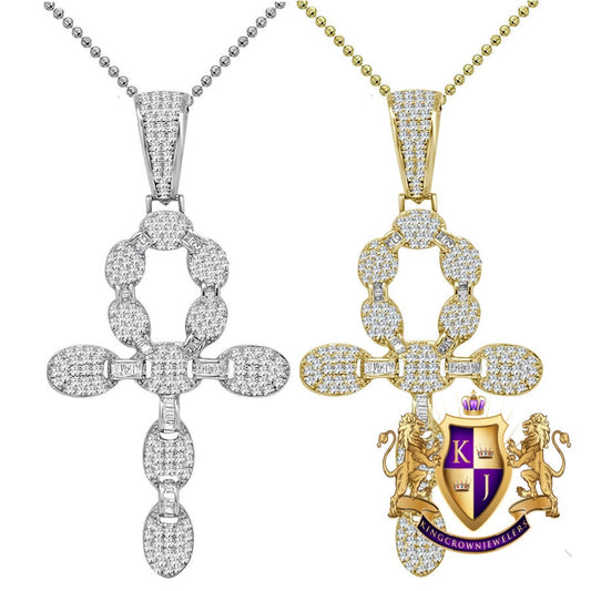 Real Genuine Sterling Silver 14k Gold Over 2.00 Cwt. Simulated Diamond Egyptian Ankh Cross Unisex Pendant Charm Chain Neckless Set 2.50''