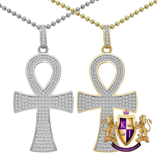 20+ Grams Real Sterling Silver 14k Gold Over 2.00 Cwt. Simulated Diamond Egyptian Ankh Cross Unisex Pendant Charm Chain Neckless Set 2.30''