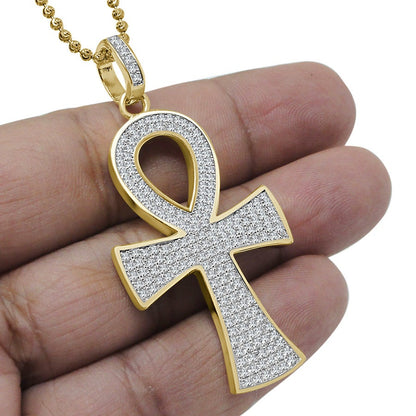 20+ Grams Real Sterling Silver 14k Gold Over 2.00 Cwt. Simulated Diamond Egyptian Ankh Cross Unisex Pendant Charm Chain Neckless Set 2.30''
