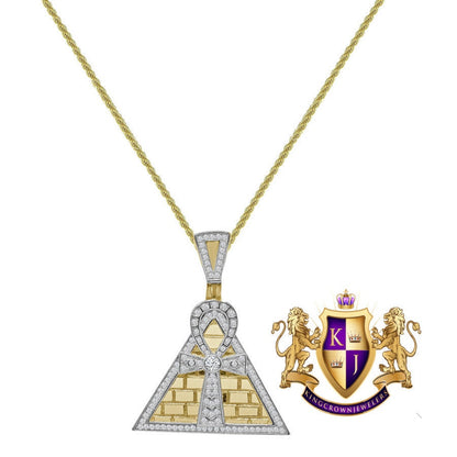 Authentic Real Sterling Silver 14K Gold Finish 1.50 Cwt. Simulated Diamond Egyptian Pyramid Ankh Cross Pendant Charm Chain Set Small 1.50''