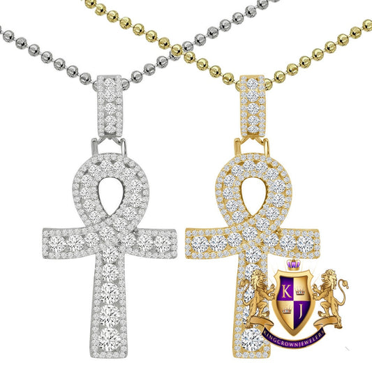 Solitaire Real Sterling Silver 14K Gold Finish 1.00 Cwt. Simulated Diamond Egyptian Ankh Cross Religious Charm Pendant Chain Neckless Set