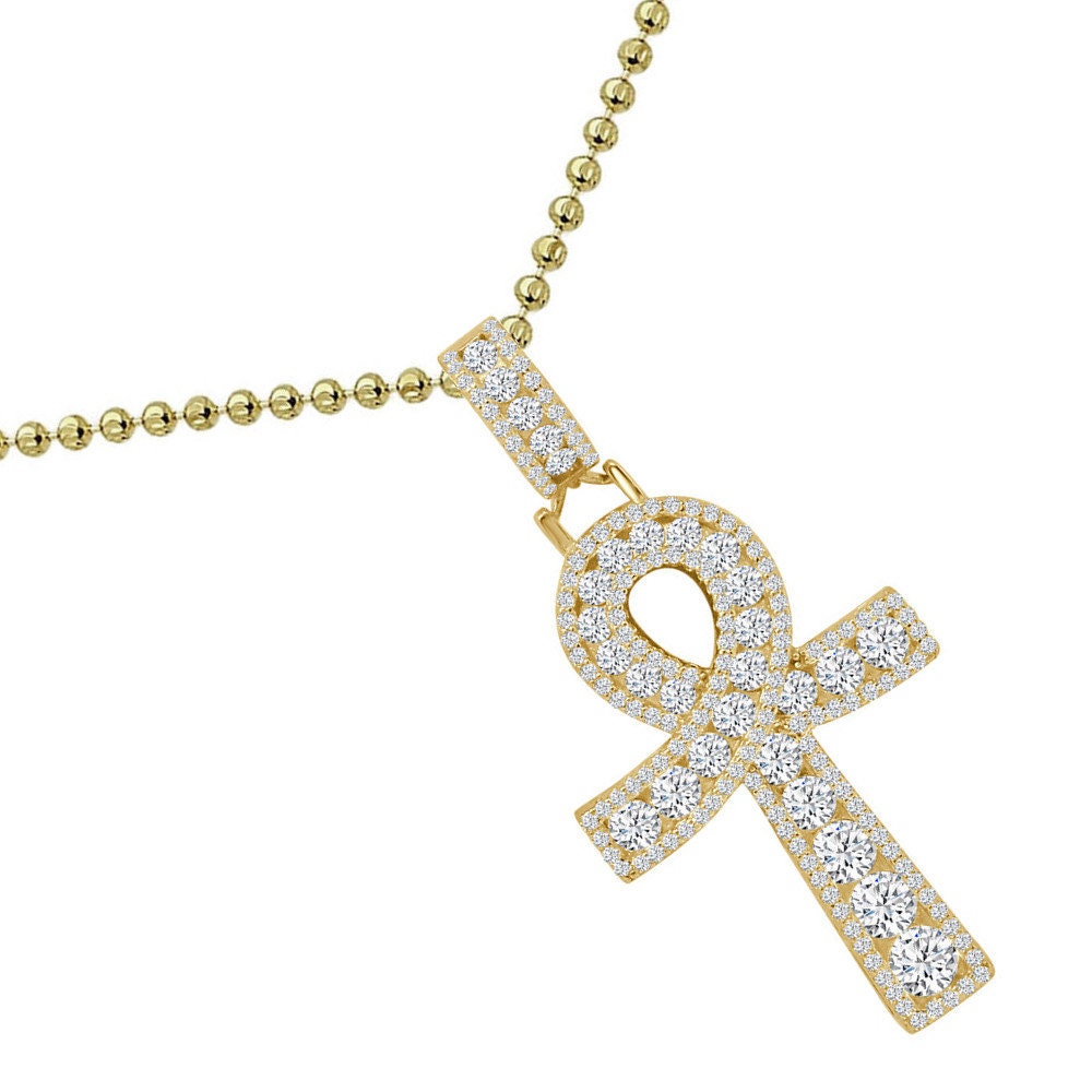 Solitaire Real Sterling Silver 14K Gold Finish 1.00 Cwt. Simulated Diamond Egyptian Ankh Cross Religious Charm Pendant Chain Neckless Set