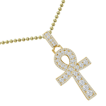 Solitaire Real Sterling Silver 14K Gold Finish 1.00 Cwt. Simulated Diamond Egyptian Ankh Cross Religious Charm Pendant Chain Neckless Set