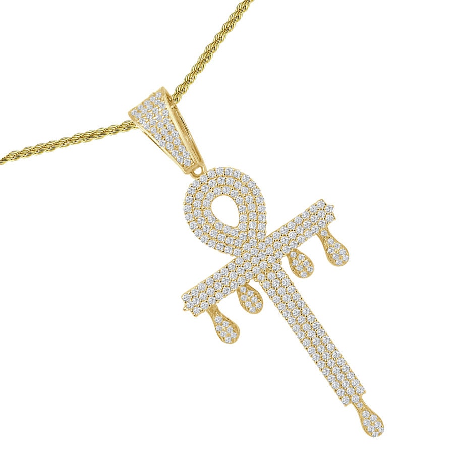 Big 2.80'' Real Genuine Sterling Silver 2.00 Cwt. Simulated Diamond Dripping Egyptian Ankh Cross Dripping Pendent Charm +Free Chain Neckless