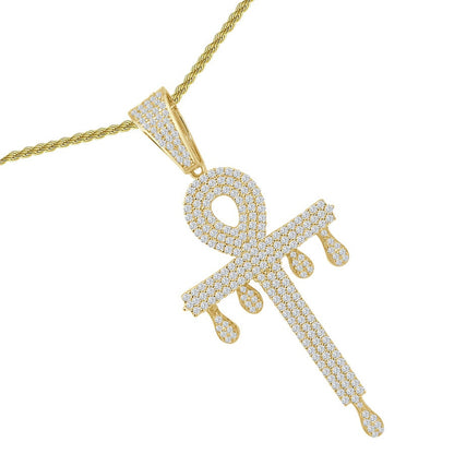 Big 2.80'' Real Genuine Sterling Silver 2.00 Cwt. Simulated Diamond Dripping Egyptian Ankh Cross Dripping Pendent Charm +Free Chain Neckless