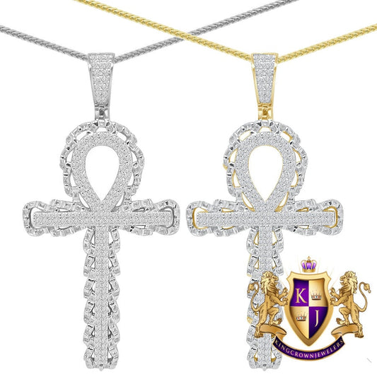 Real Genuine Sterling Silver 2.00 Cwt. Simulate Diamond 14K Gold Finish Egyptian Ankh Cross Unisex Charm Pendant Chain Neckless Set 2.40''