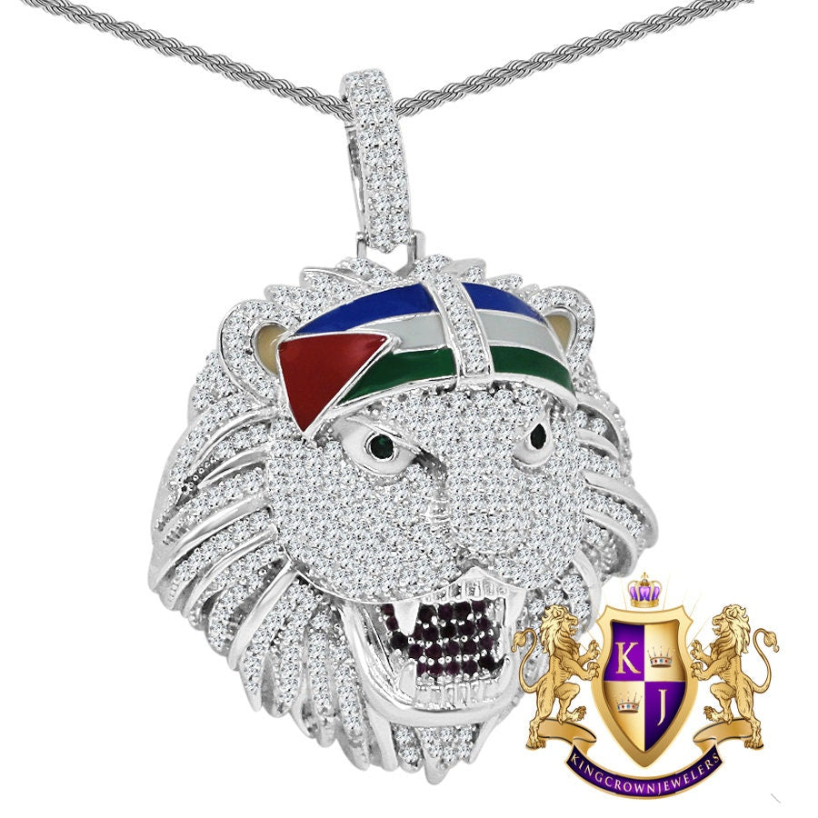 Real Genuine Authentic Sterling Silver 2.00 Cwt. Simulated Diamond Jungle Lion King Head Men's Custom Pendant Charm Chain Neckless Set