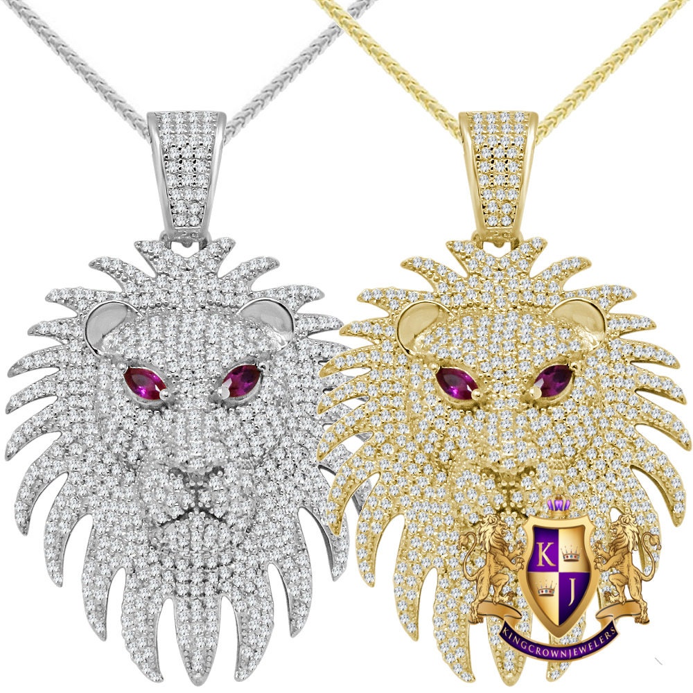 Real Genuine Authentic Sterling Silver 2.25 Cwt. Simulated Diamond 14K Gold Finish Lion Face Men's Charm Pendant Chain Neckless Set 1.80''