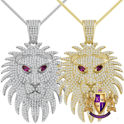 Real Genuine Authentic Sterling Silver 2.25 Cwt. Simulated Diamond 14K Gold Finish Lion Face Men's Charm Pendant Chain Neckless Set 1.80''