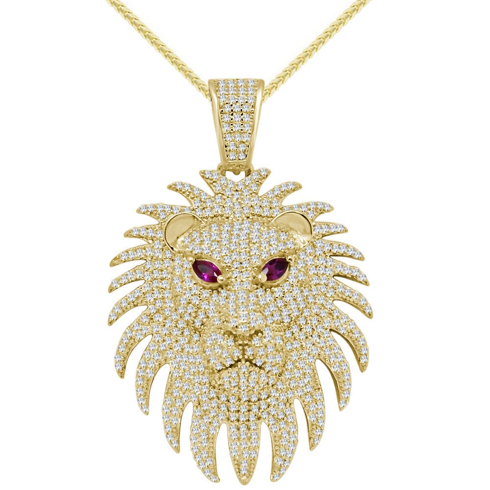 Real Genuine Authentic Sterling Silver 2.25 Cwt. Simulated Diamond 14K Gold Finish Lion Face Men's Charm Pendant Chain Neckless Set 1.80''