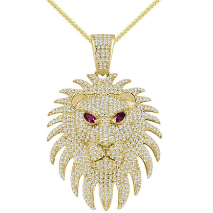 Real Genuine Authentic Sterling Silver 2.25 Cwt. Simulated Diamond 14K Gold Finish Lion Face Men's Charm Pendant Chain Neckless Set 1.80''