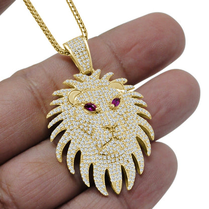 Real Genuine Authentic Sterling Silver 2.25 Cwt. Simulated Diamond 14K Gold Finish Lion Face Men's Charm Pendant Chain Neckless Set 1.80''