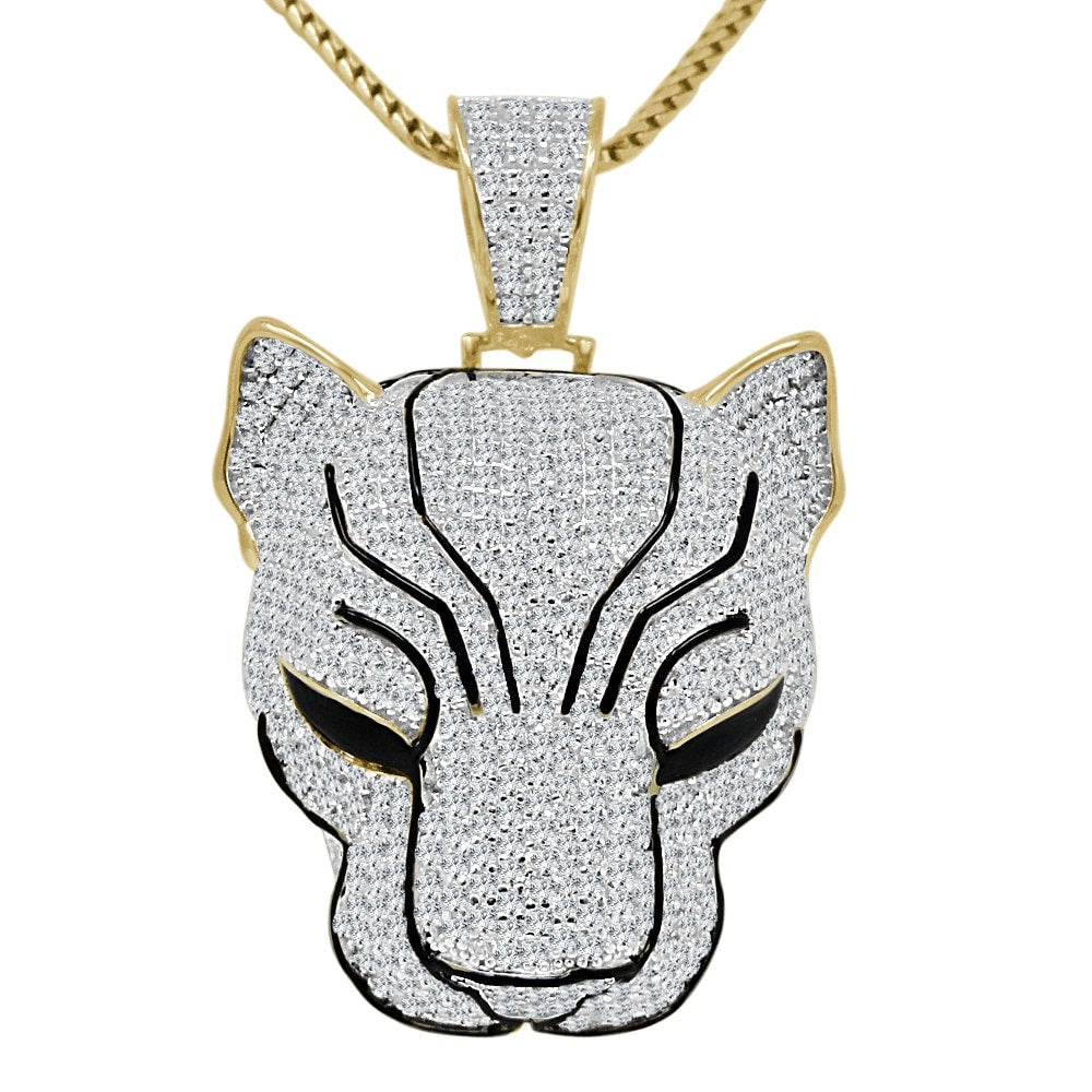 29+ Grams Real Genuine Sterling Silver 14K Gold Finish 4.50 Cwt. Simulated Diamond Enamel Lion Head King Face Pendant Charm + Chain Neckless