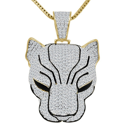 29+ Grams Real Genuine Sterling Silver 14K Gold Finish 4.50 Cwt. Simulated Diamond Enamel Lion Head King Face Pendant Charm + Chain Neckless